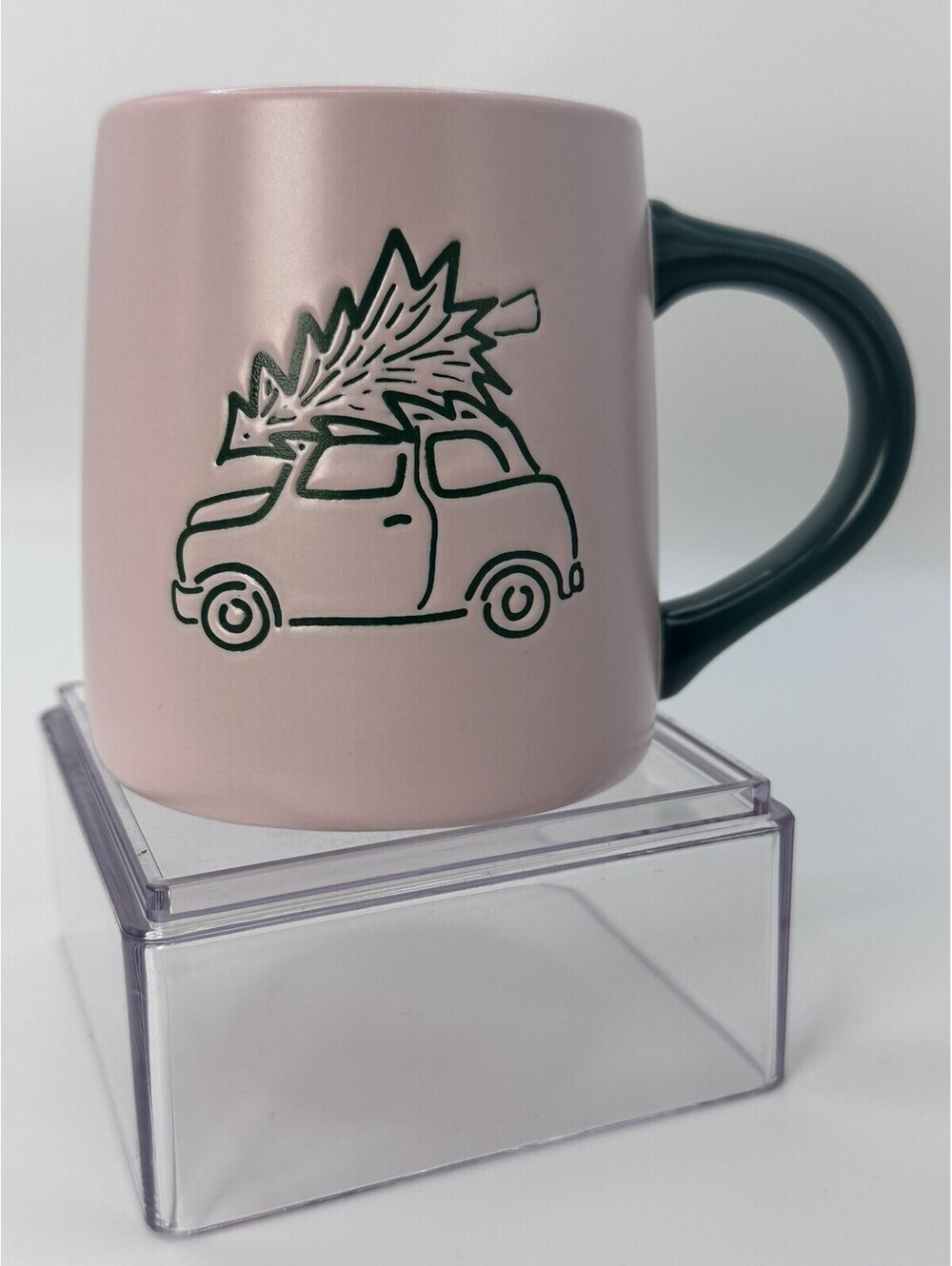 Stoneware Pink Coffee Mug With Green Car And Christmas Tree Green Handle